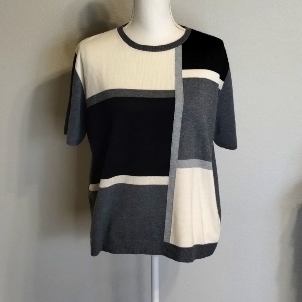 Alfred Dunner Color block Black Gray Neutral Sweater Short Sleeve XL